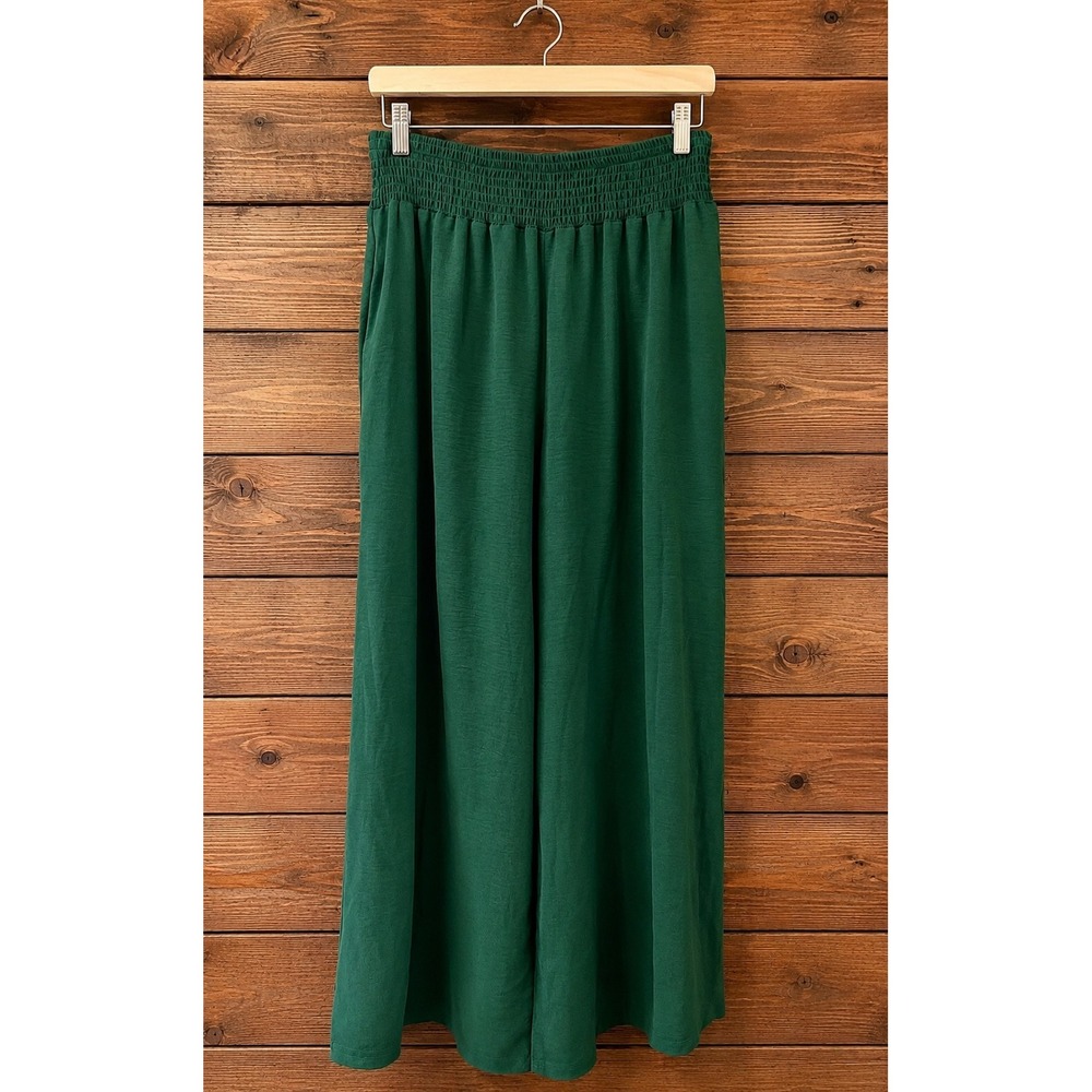 Wide Leg Pants Women L Green Smocked High Waist Palazzo Boho Flowy Office Casual - Picture 2 of 9